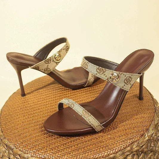 Flower Embroidery Stiletto Heel Slippers Women 2025 Summer Open Toe High Heels Sandals Woman Brand Fashion Party Shoes Plus Size