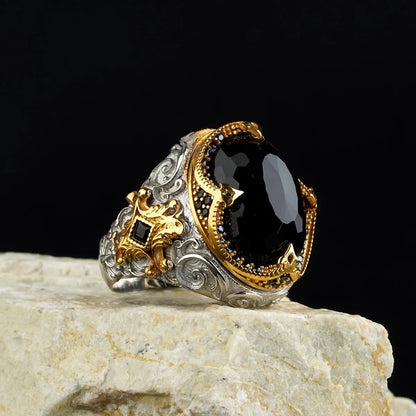New Copper Material Open Adjustable Ring Black Gemstone Personality High Jewelry Fashion Luxury Business Suitable for Men Gift