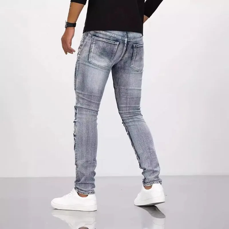 Two tone distressed patchwork jeans for men trendy jeans for summer thin straight leg pants slim fit small leg distressed jeans