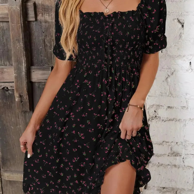 Women Print Square Neck Dress Fashion Ruffled Floral Smocked Dresses For Spring Summer Casual Dress