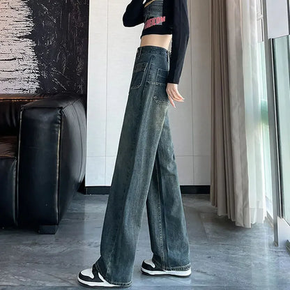 American Style High-waisted Wide-leg Jeans Grey Concrete Pocket Design Unique Straight-leg Pants For Women Petite Drag Trousers