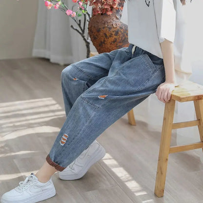 Retro Distressed Cropped Jeans Women Spring Summer Loose Slimming Elastic Waist Casual Harem Pants Thin Summer
