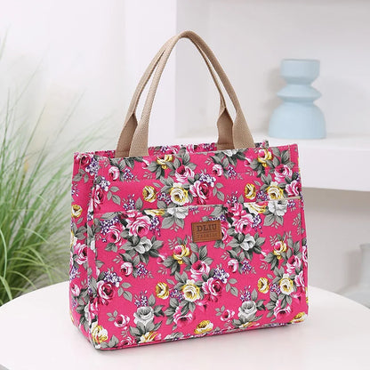Fashion Floral Print Tote Bag, Portable Canvas Lunch Bag, Women's Casual Handbag & Bento Mommy Bag For Picnic Travel