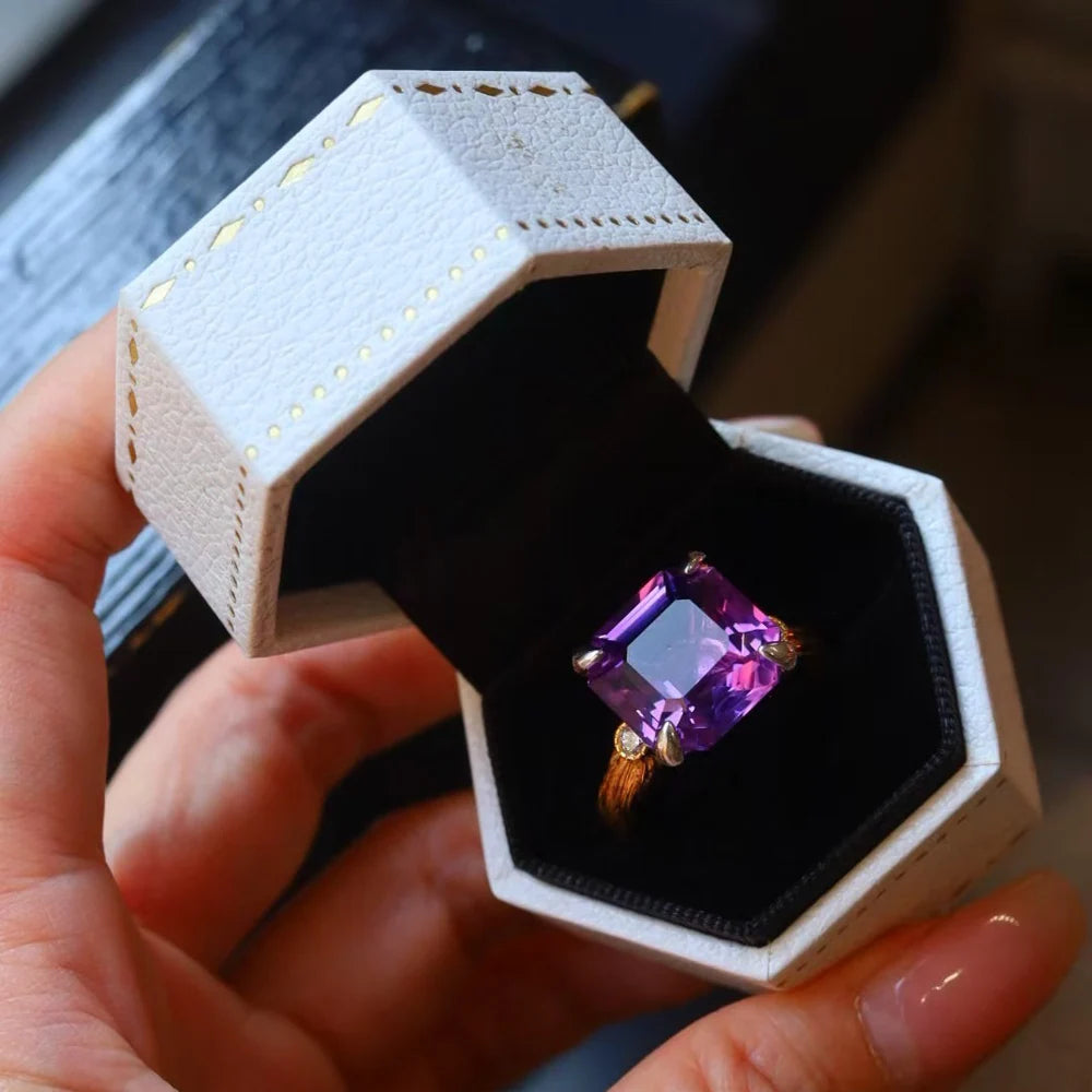 Trendy Natural Amethyst 925 Silver Ring Asscher Gemstone 11mm for Women Jewelry Gift,Elegant Gemstone Engagement Party Band