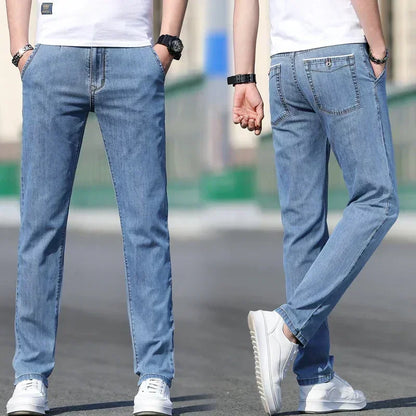 Thin Men's Baggy Soft Casual Jeans Gray Summer Fashion Versatile Comfortable Stretch Straight Casual Jeans Light Blue Male