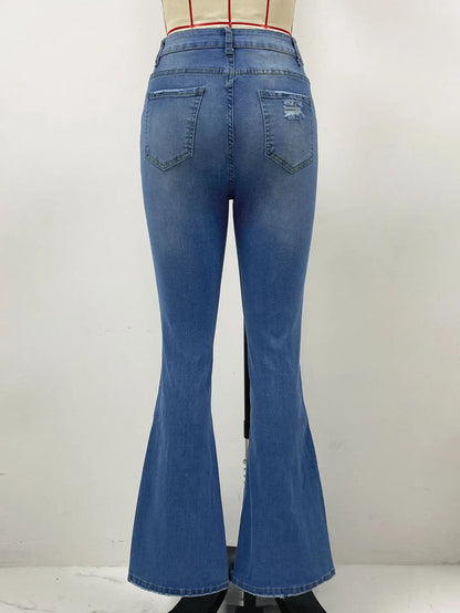 2025 New Slim-fit Washed Ripped Micro-flared Jeans, Women's Four Seasons Fashionable, Comfortable and Elastic High-waisted Jeans