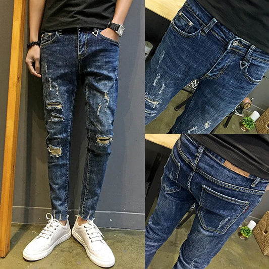 Wholesale 2022 Fashion Denim Pants Men\'s Boys Small Feet Ripped Holes Cropped Jeans Thin Men\'s Social Men Beggar Pencil Pants