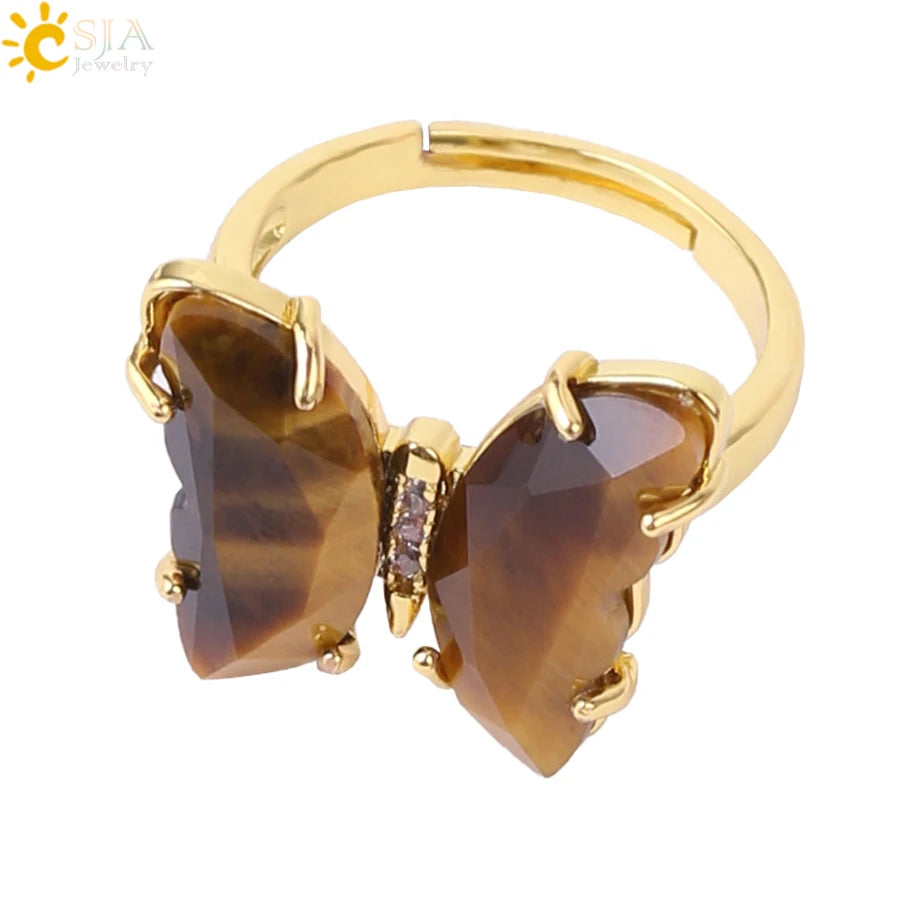 Gold Color Crystal Ring Natural Gemstone Butterfly Rings for Women Amethysts Lapis Lazui Pink Quartz Adjustable Engagement  H125