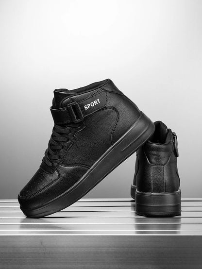Men's Classic Fashionable Black Leather Spliced Velcro High-Top Casual Sneakers, Simple Daily Versatile and Comfortable Couple Sneakers