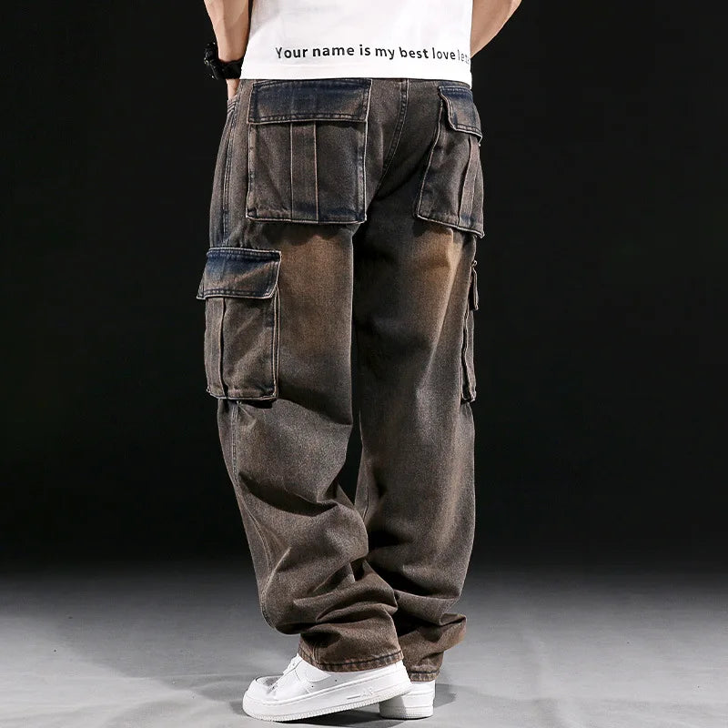 Wide Leg Pant Distressed Cargo Jean Men Jeans Washed Denim Patchwork Solid Full Length Pants Loose Pockets High Street 2025