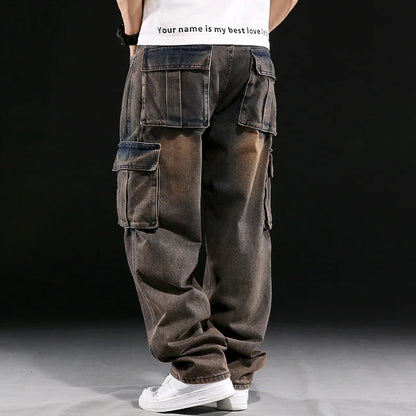 Wide Leg Pant Distressed Cargo Jean Men Jeans Washed Denim Patchwork Solid Full Length Pants Loose Pockets High Street 2025