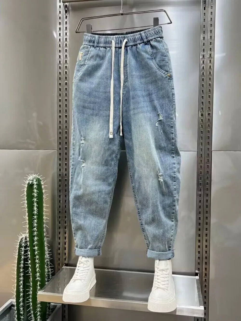 New Loose and Casual Denim Jeans for Men Spring and Autumn Harem Distressed Stretch Baggy Cargo Blue Jeans Jogger Pants