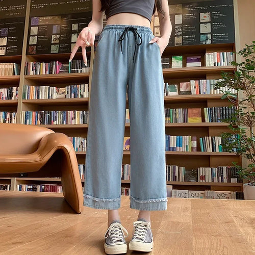 High Waist Straight Leg Casual Denim Pants Loose Wide Leg Crop Jeans Plus Size Comfortable Trousers For Women