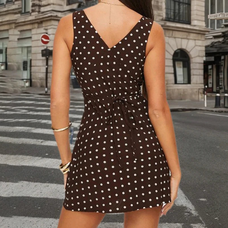 SUCHCUTE Brown V-neck Polka Dot Mini Dress For Women Elegant Backless Party Sundress Sexy High Street Sleeveless Vacation Outfit
