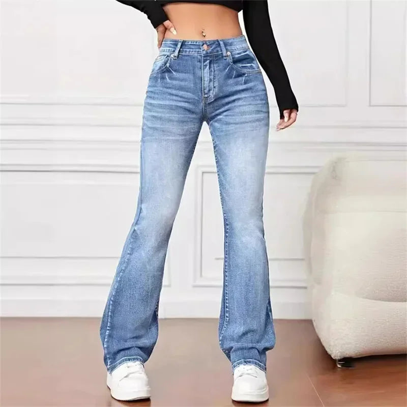 Women New Casual Micro Flares Jeans Vintage Mid Waist Button Splice Denim Pants Female Office Commuter Trousers Trend Streetwear