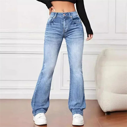 Women New Casual Micro Flares Jeans Vintage Mid Waist Button Splice Denim Pants Female Office Commuter Trousers Trend Streetwear