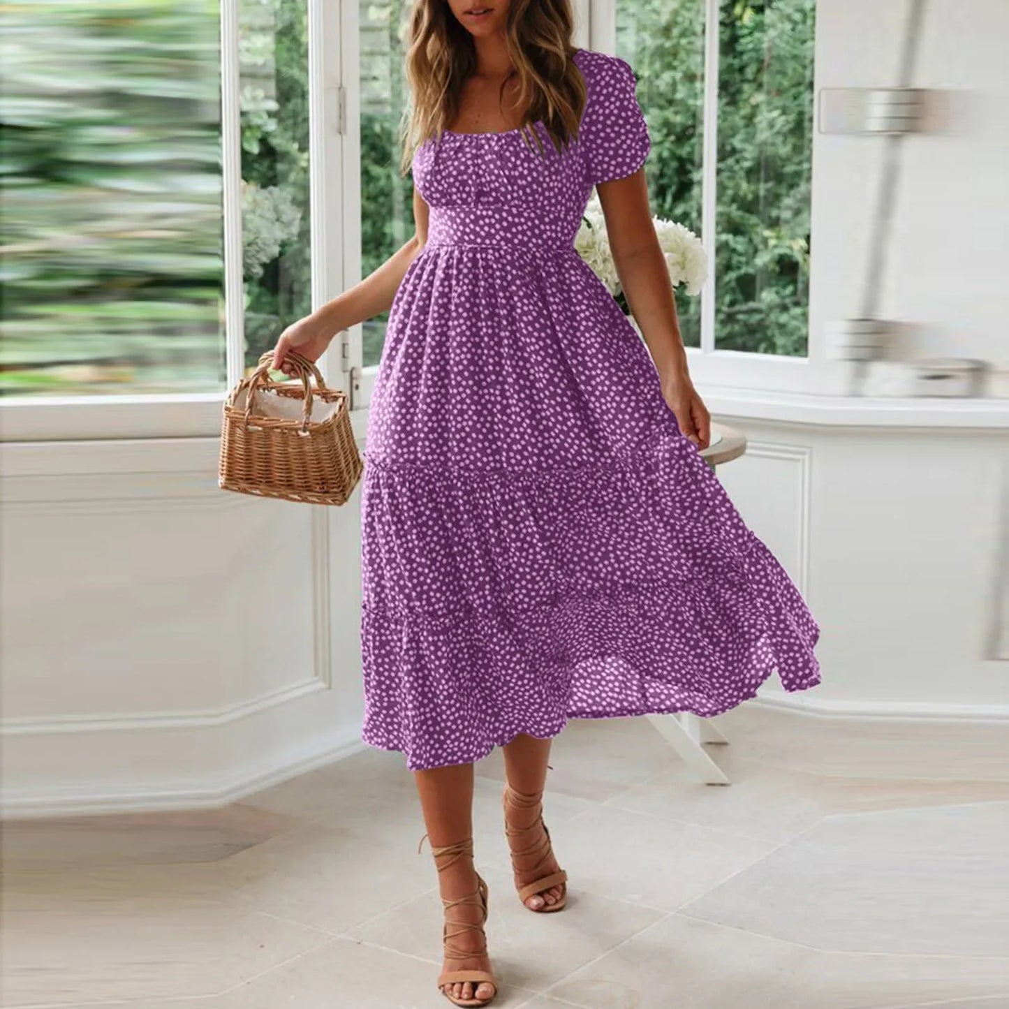 Sexy Square Collar Short Puff Sleeve Chiffon Floral Print Boho Party Dress Summer Women Beachwear Sand Vestidos