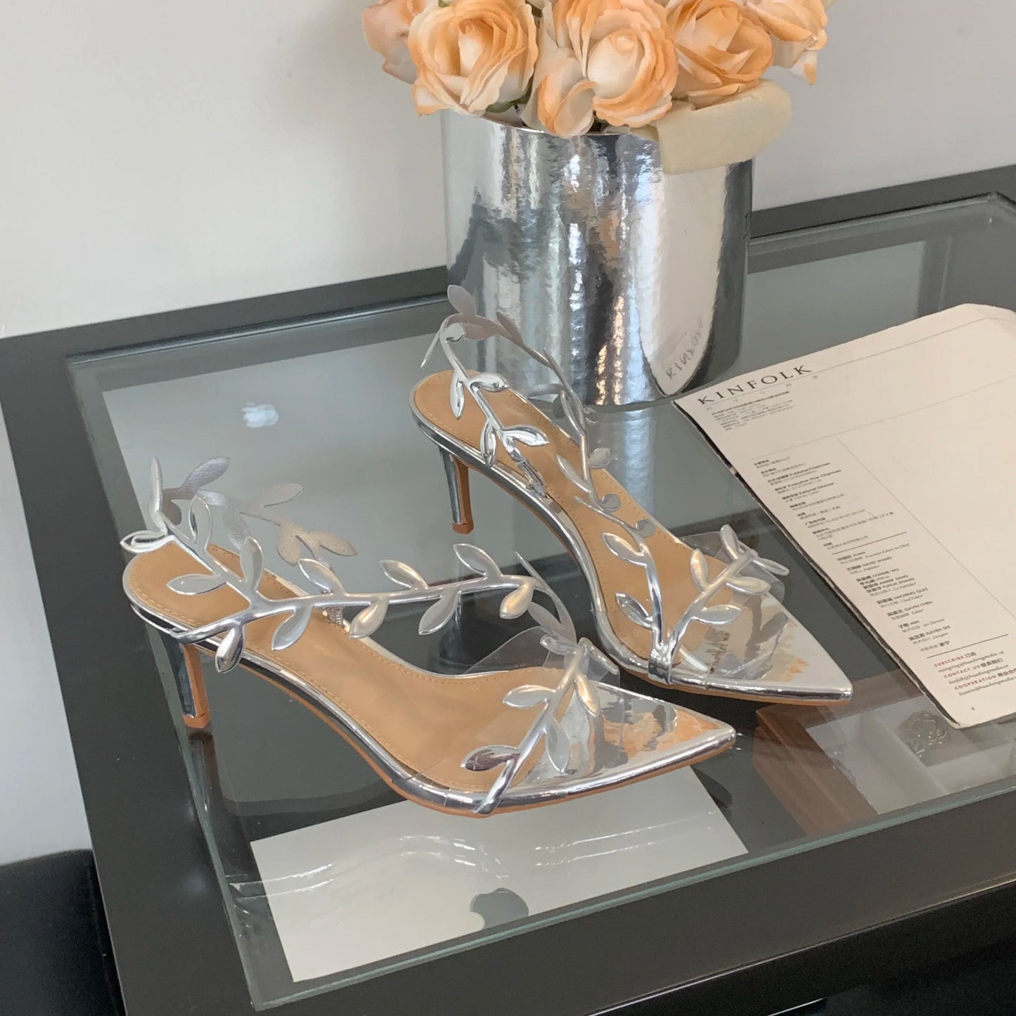 Summer Ladies Silver Heels Fashion Pointed Toe Leaves Party Wedding Gold Heeled Sandals Women