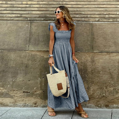 Luxury Ruffle Fly Sleeve Long Dress Square Neck Large Swing Plaid Party Evening Dress Casual Retro Beach Holiday Women's Clothes