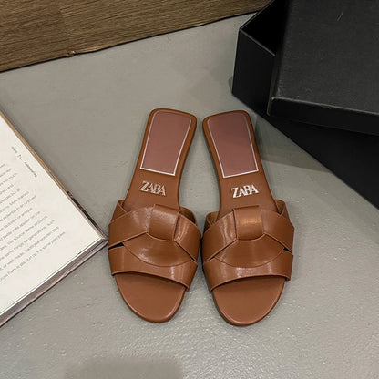 Flat Slippers Casual Shoes Woman  Trend Luxury Summer Elegant Dresses Sandals Beach Designer House Round Toe Brand Bathroom