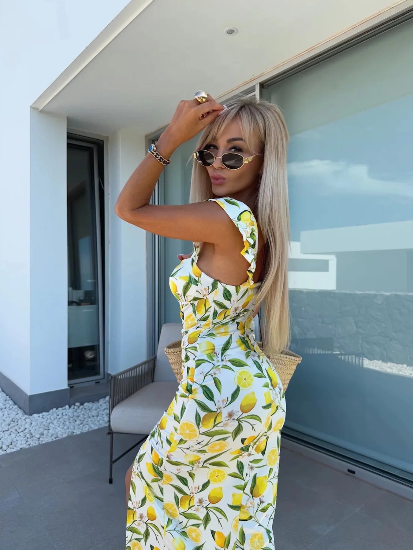 New European and American summer elegant design French lemon suspender slit midi-length ladies dress