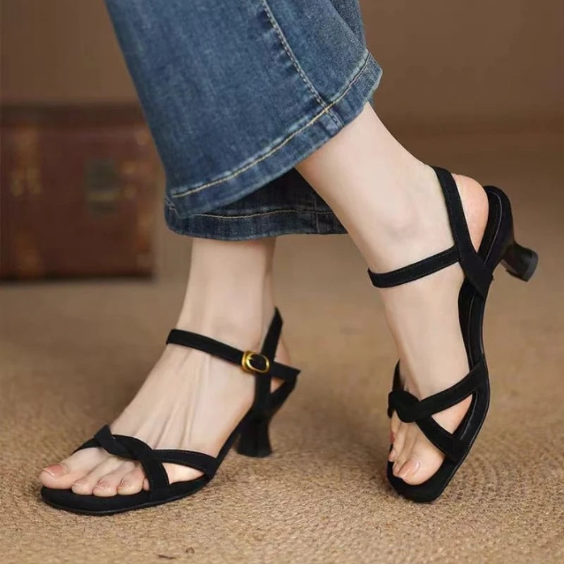 High-quality coffee-colored narrow-band designed slim-fitting sandals, large-sized summer fashionable open-toe high heels
