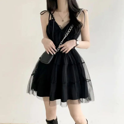 REALEFT Summer Y2k Black Mesh Women's Ball Gown Dresses 2025 New Sleeveless Strapless V-neck Party Sexy Mini Dress for Womens