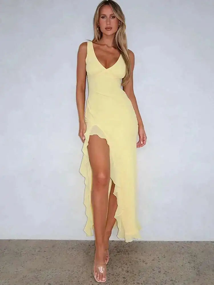 Avrilyaan Ruffle High Split Sexy Dress Women 2024 Robes Elegant Evening Summer Dress Backless Party Long Midi Dress Vestidos