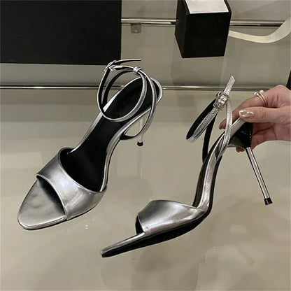 Aneikeh Summer Fashion Blue Female Sandal Open Toe Buckle High Heels Peep Pointed New Denim Stiletto Strap Womens Prom Shoes