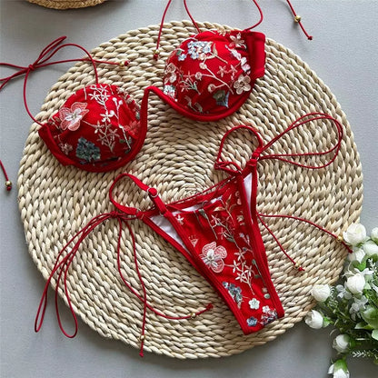 Beige Shiny Flower Embroidery Swimwear Thong Micro Push Up Bikini Set Sexy Swimsuit Women 2025 Bathing Suit String Bikinis Mujer