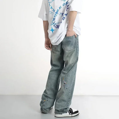 2024 New Men's Graffiti Embroidered Baggy Jeans Retro Straight-leg Denim Trousers High Street Distressed Y2K Jean pantalones