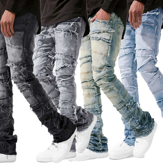 new Patch denim straight-leg pants retro jeans street fashion ins explosive style elastic new men's fashion retro denim trousers