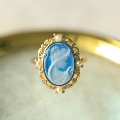 s925Silver Inlaid German Cameo Agate Relief Silver Ring Gift for Girlfriend Holiday Present