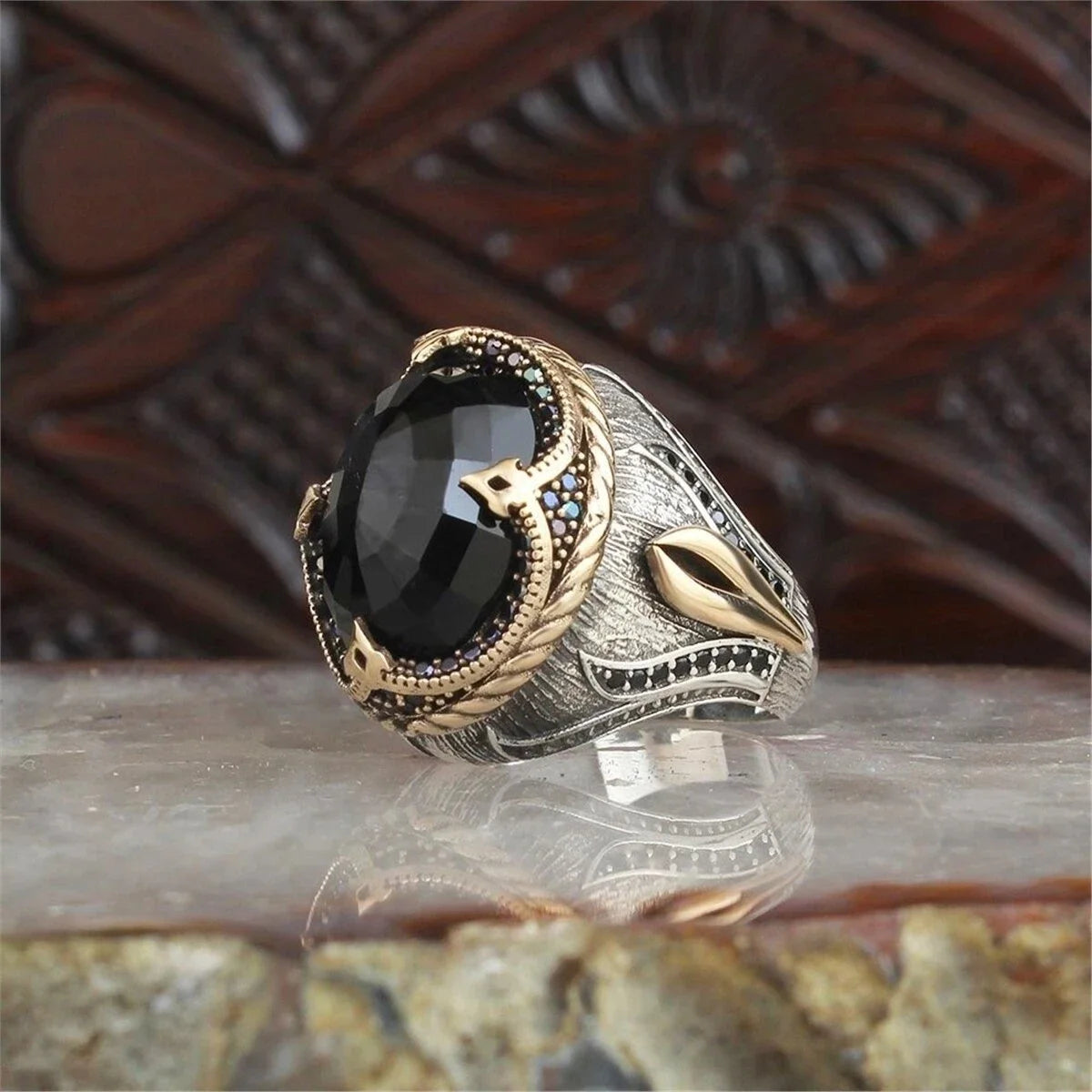 New Copper Material Open Adjustable Ring Black Gemstone Personality High Jewelry Fashion Luxury Business Suitable for Men Gift