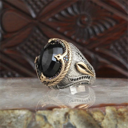New Copper Material Open Adjustable Ring Black Gemstone Personality High Jewelry Fashion Luxury Business Suitable for Men Gift
