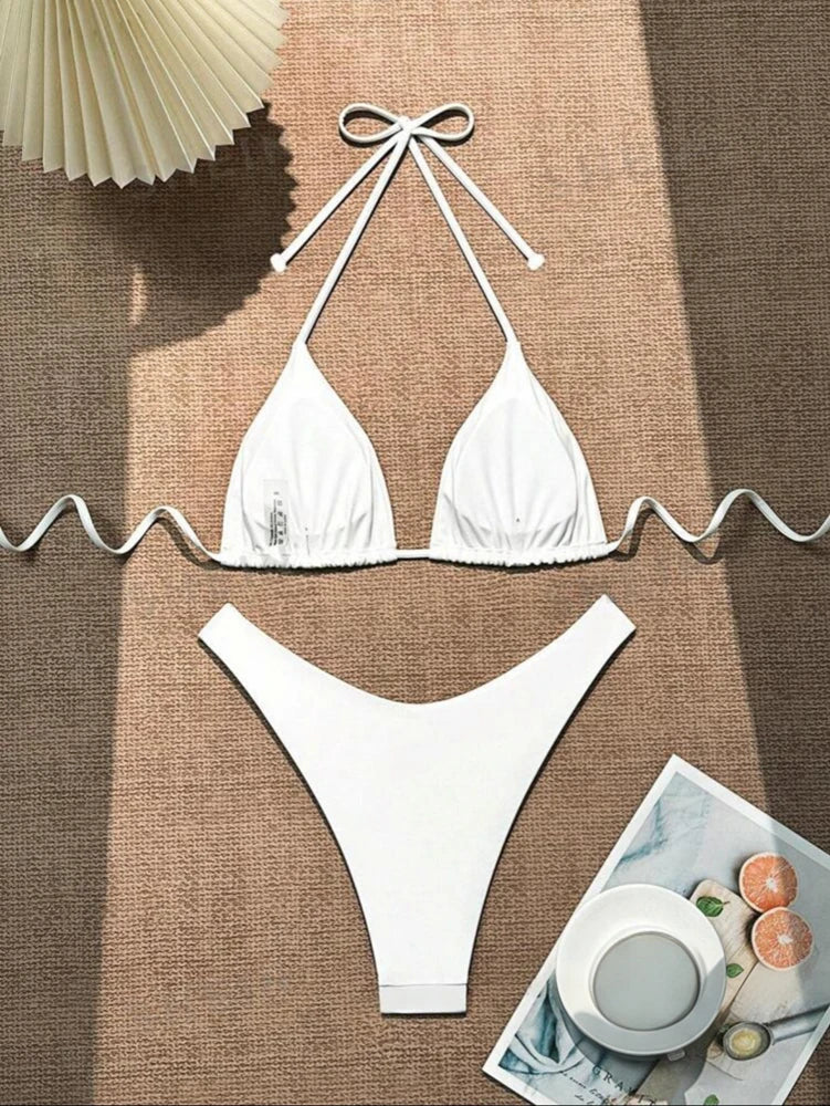 2025 Women White Bikini Chest Padded New Sexy Halter Bikini Two-Piece Set With Drawstring Straps Solid Brazilian Bathing Suit