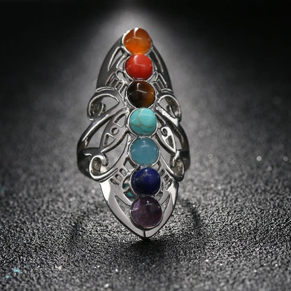 7 Chakra Stone Bead Finger Rings Silver Plated Hollow Flower Adjustable Ring Reiki Balance Meditation Healing Gem Ring Jewelry