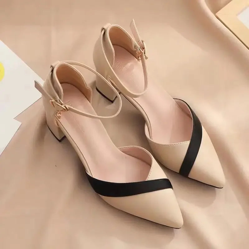 Elegant Fairy Style Chunky Heel Sandals For Women Pointed Toe Two-Tone Summer Casual Dress Shoes