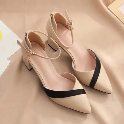 Elegant Fairy Style Chunky Heel Sandals For Women Pointed Toe Two-Tone Summer Casual Dress Shoes