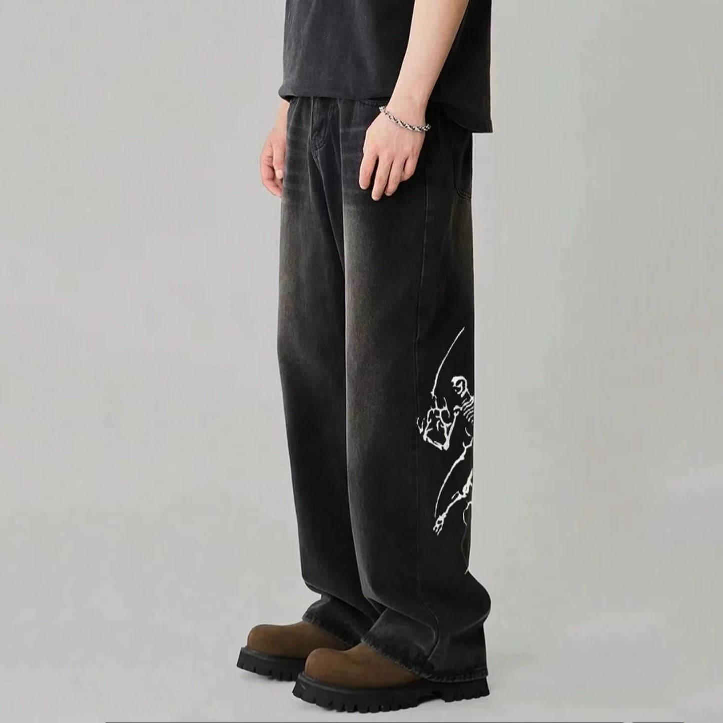 Men's Hip Hop Anime Pattern Black Loose Wide Leg Jeans American Trend Retro Gothic Men Woman Wide-Leg Pants Streetwear