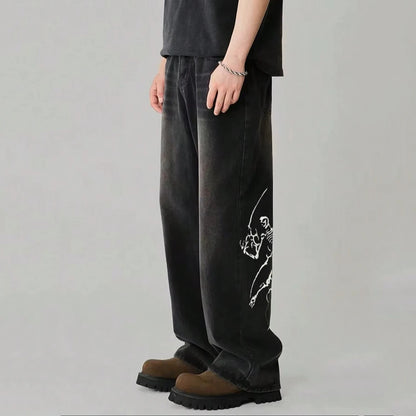 Men's Hip Hop Anime Pattern Black Loose Wide Leg Jeans American Trend Retro Gothic Men Woman Wide-Leg Pants Streetwear