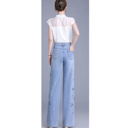 Light Blue Chinese Style Embroidery Wide Leg Jeans for Women with High Waist To Show Thin and Smooth, Soft Silk Material Jeans