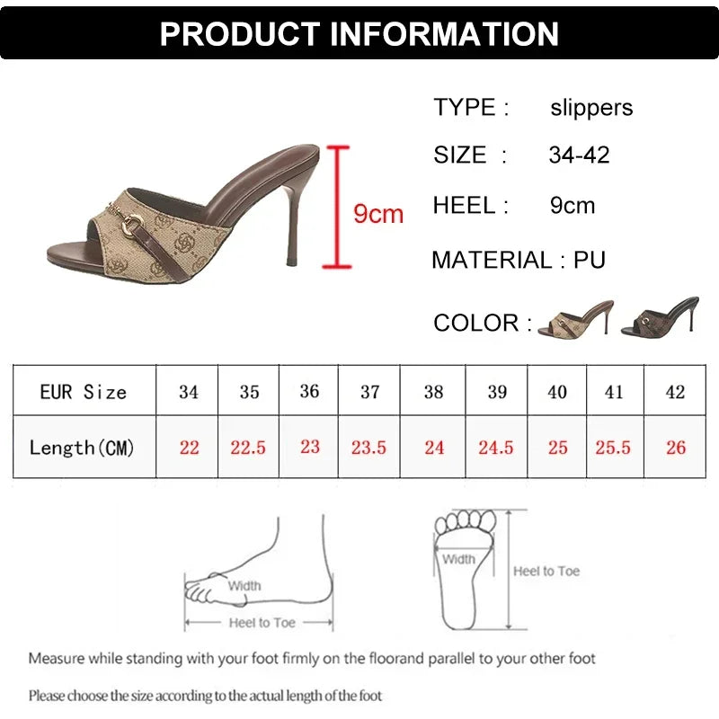 Elegant Metal Buckle High Heels Slippers Women Brand Design Printed Thin Heeled Sandals Woman Fashion Dress Party Shoes Size 42
