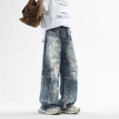 Mens Washed High Street Retro Pants Splashing Ink Color Piercing Printed Jeans High Street Trendy Brand Men Clothing Baggy Jeans