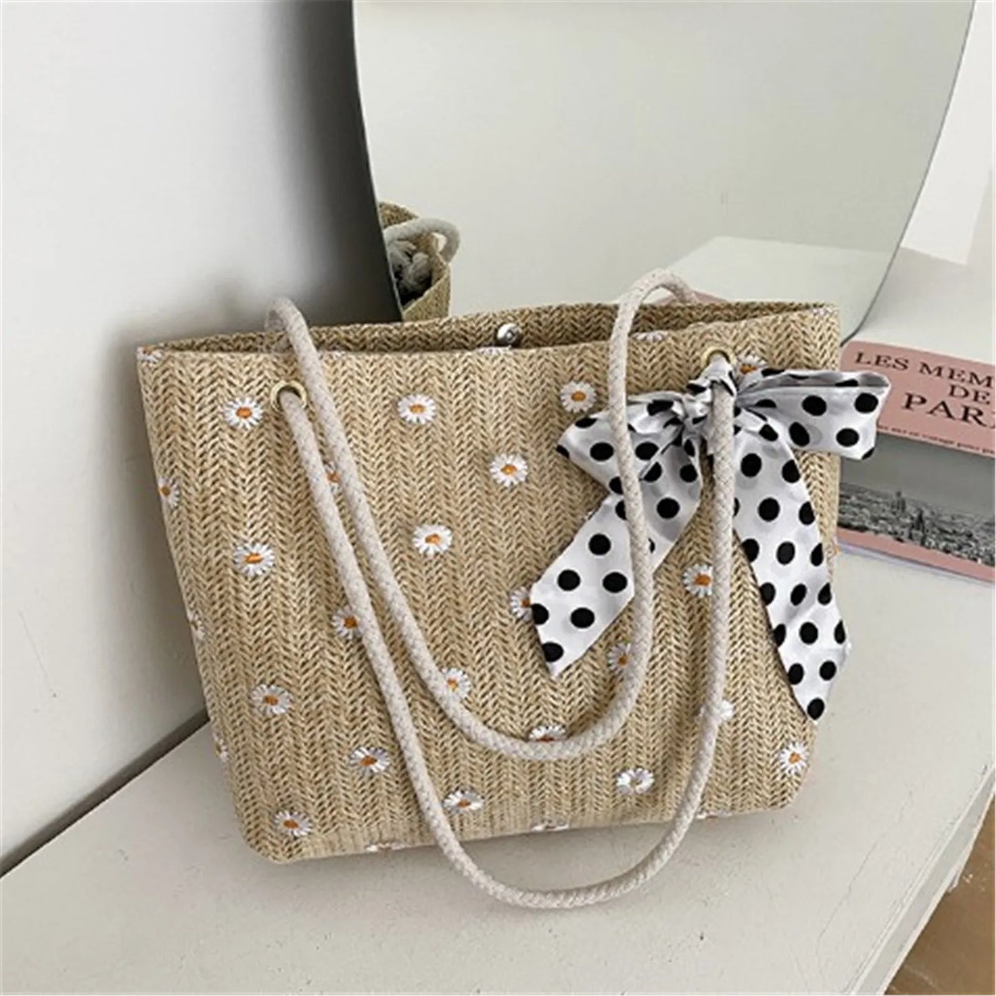 Summer Women Straw Woven Shoulder Bag Straw Bag Flower Embroidery Lace Beach Handbags Casual Ladies Large Capacity Totes Pouch