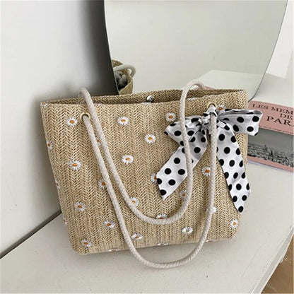 Summer Women Straw Woven Shoulder Bag Straw Bag Flower Embroidery Lace Beach Handbags Casual Ladies Large Capacity Totes Pouch