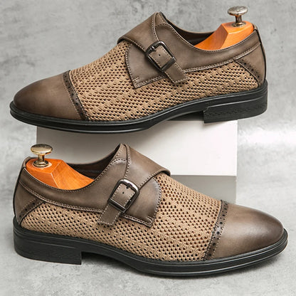 New Designer Men's Breathable Mesh Patchwork Patent Leather Shoes Male Summer Formal Wedding Dress Homecoming Monk Strap Loafers