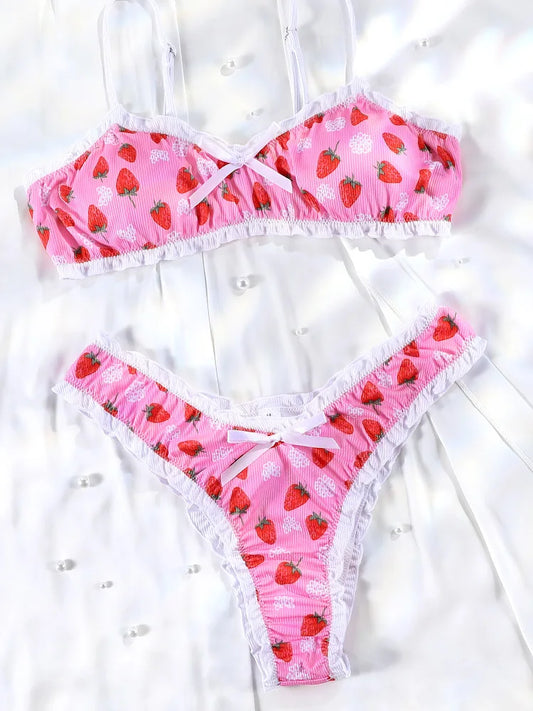 Miyouj Strawberry Bikini 2025 Swimsuits Ruffle Two Piece Suit Print Bathwear Low Waist Swimsuit Women Swimwear High Cut Bathsuit