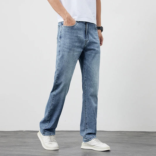 2025 high quality Jeans Men Baggy Pants Summer Straight Cut Loose Retro Blue Denim Pants Streetwear Fashion Pockets Vintage Man