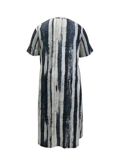 Plus-size women's multi-colored sleeveless round-neck printed dress, suitable for spring/summer/fall - oversized turtleneck styl